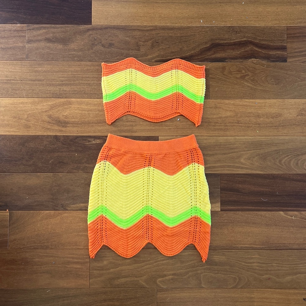 Vibrant Orange and Yellow Knit Two-Piece Dress